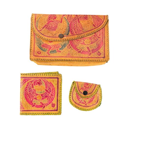 Vintage Hand Tooled 3 Piece Set Leather Clutch Wallet Coin Purse India Estate